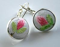 Hand Embroidered Pink and Green lever back earrings