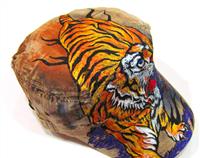 Crouching Tiger Handpainted Designer Beige Based Cap