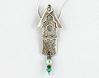 Silver Birdhouse Pendant with Green Pearl and Crystal