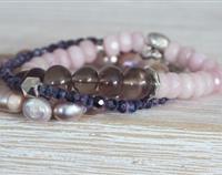 Stack of Pinks and Purples, Fresh Water Pearls, Smoky Quartz, Pink Faceted Jade and Fire Polished Czech Glass.