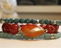 Stack of Fire Agate Gemstones, Turquoise Czech Glass Beads and Pale Blue Indonesian Handmade Beads