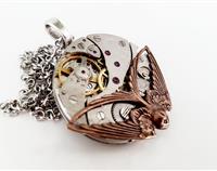 Vintage Steampunk Inspired Pocket Watch Pendant with Swooping Swallow